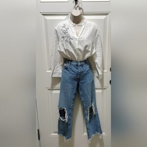 Alfred Dunner White Button Down with Floral Embroidery